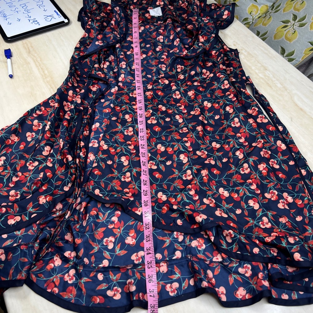 Hi There Karen Walker Cherry Print Wrap Dress Navy Blue Ruffle Hem Womens 12 - Picture 8 of 10